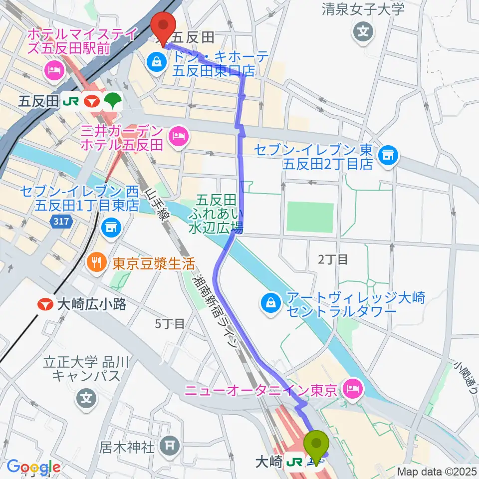 大崎駅からスタジオペンタ五反田店へのルートマップ地図