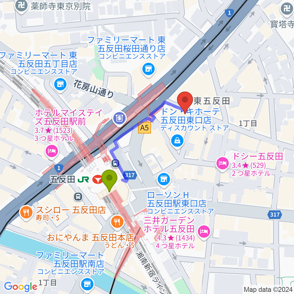 スタジオペンタ五反田店の最寄駅五反田駅からの徒歩ルート（約3分）地図