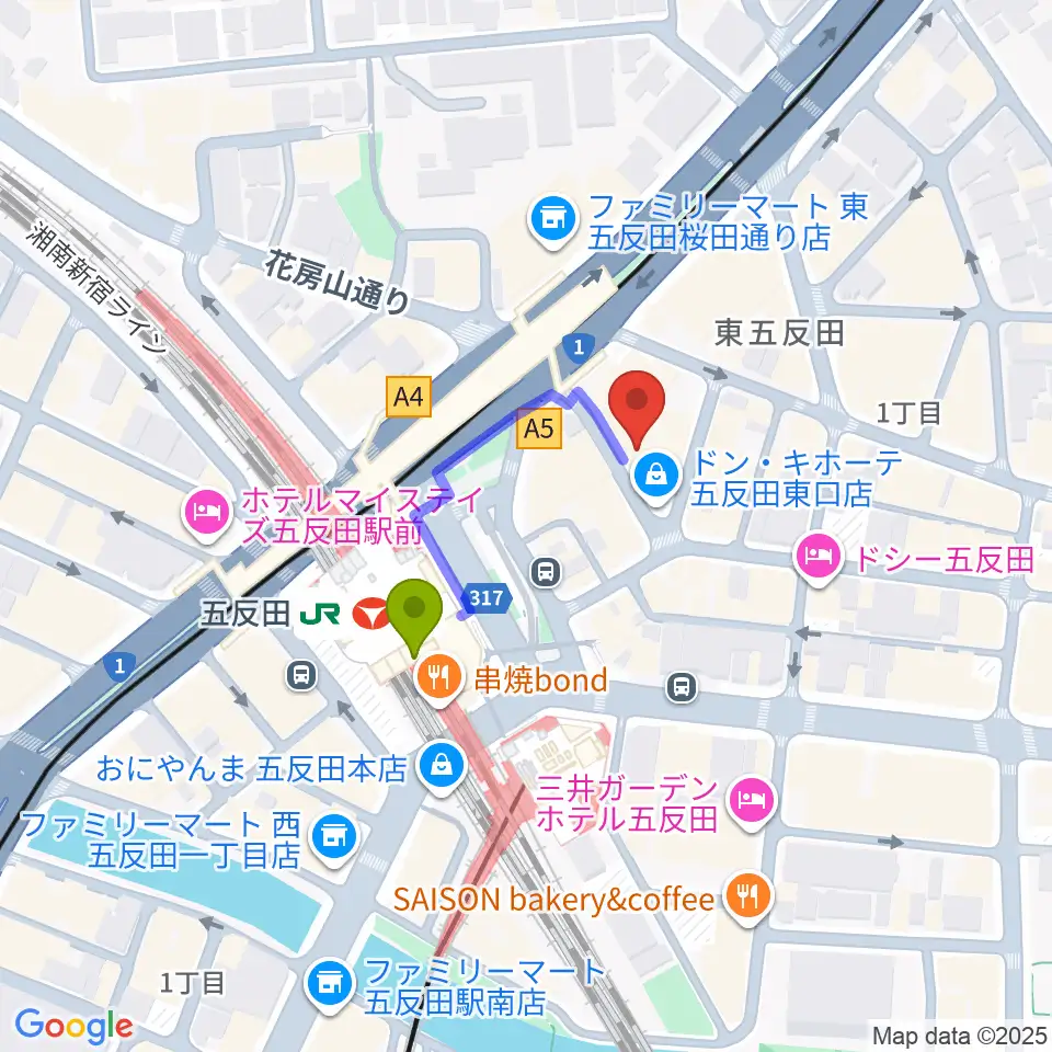 スタジオペンタ五反田店の最寄駅五反田駅からの徒歩ルート（約2分）地図