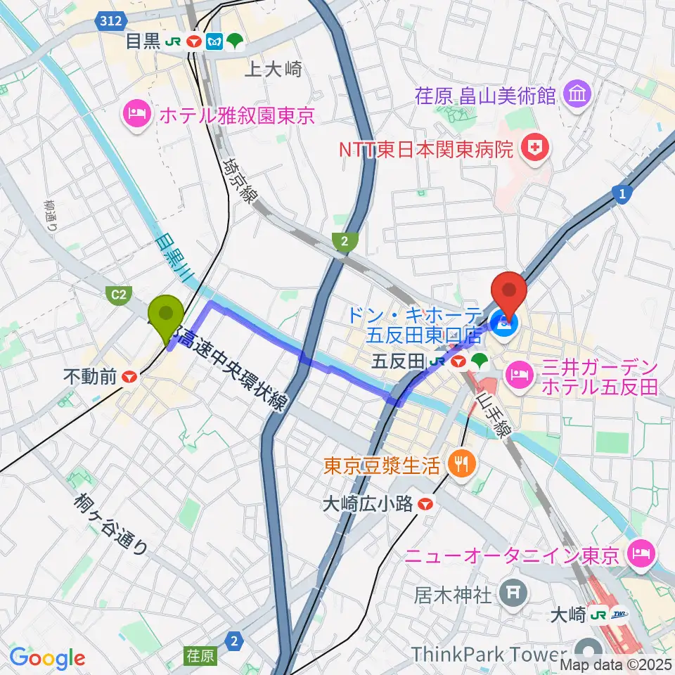 不動前駅からスタジオペンタ五反田店へのルートマップ地図