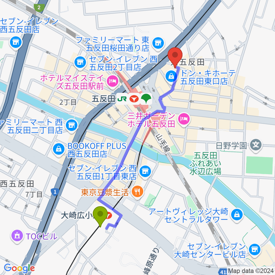 大崎広小路駅からスタジオペンタ五反田店へのルートマップ地図