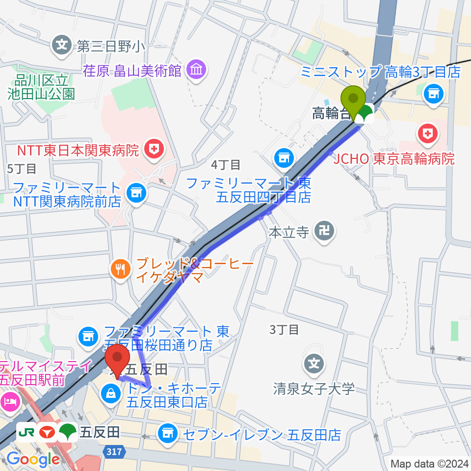 高輪台駅からスタジオペンタ五反田店へのルートマップ地図