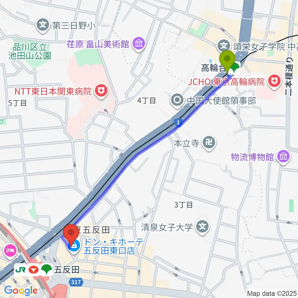 高輪台駅からスタジオペンタ五反田店へのルートマップ地図