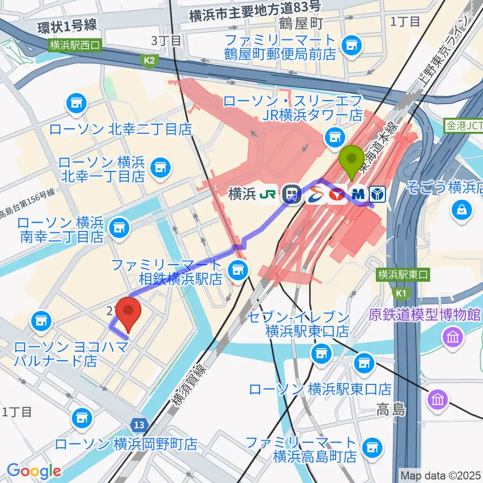 横浜駅からスタジオペンタ横浜店へのルートマップ地図