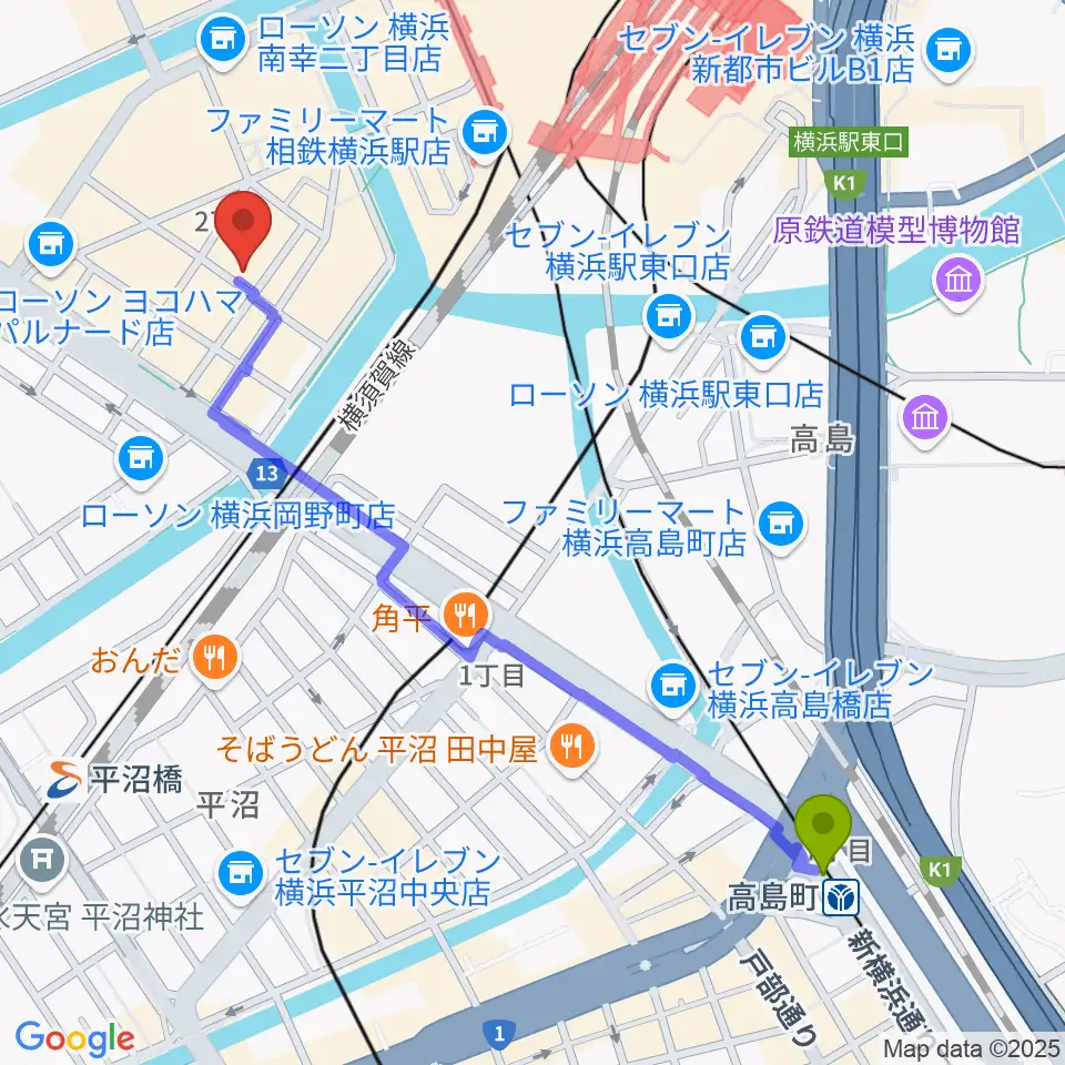 高島町駅からスタジオペンタ横浜店へのルートマップ地図