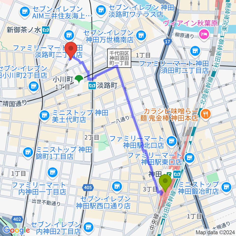 神田駅からMUSIC JOY神田へのルートマップ地図