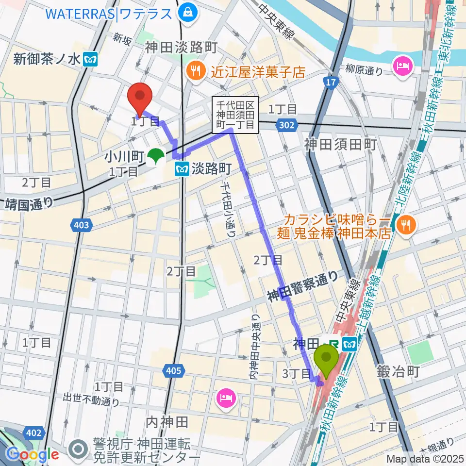 神田駅からMUSIC JOY神田へのルートマップ地図