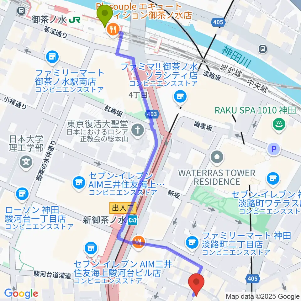 御茶ノ水駅からMUSIC JOY神田へのルートマップ地図