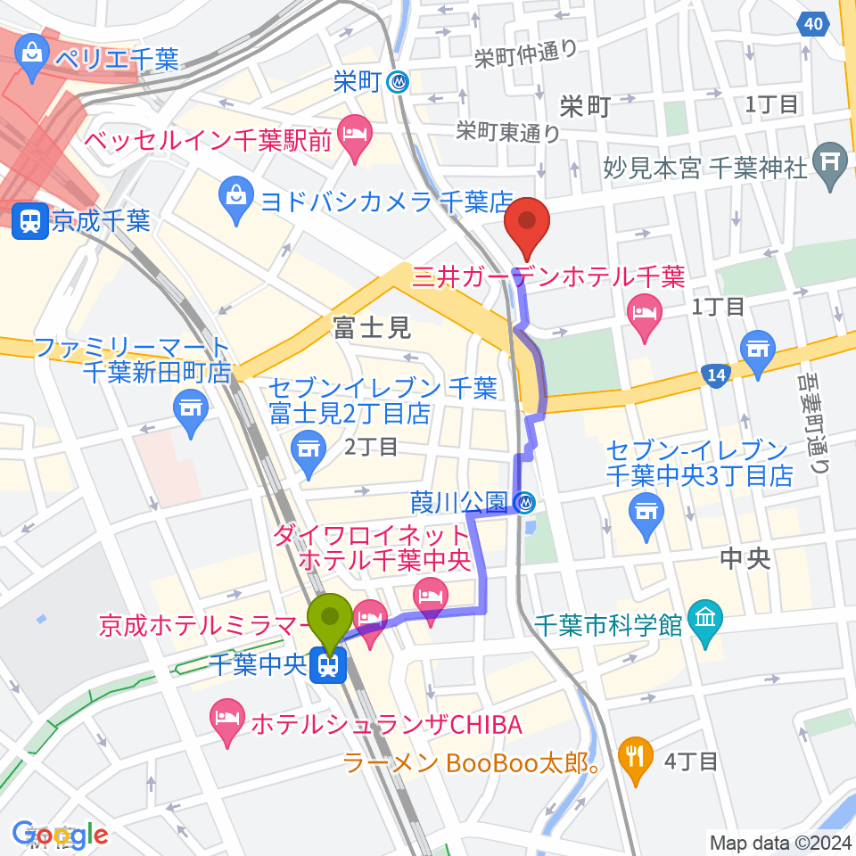 千葉中央駅からスタジオペンタ千葉店へのルートマップ地図