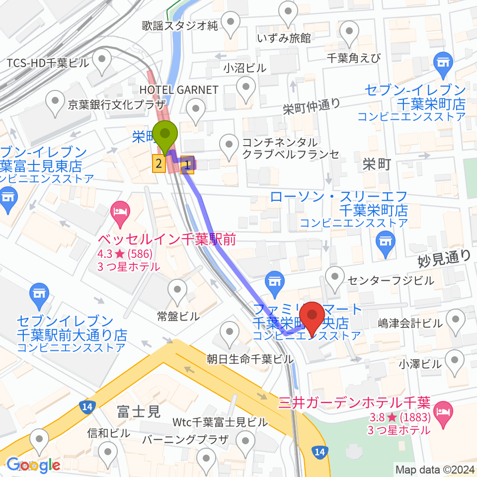 スタジオペンタ千葉店の最寄駅栄町駅からの徒歩ルート（約4分）地図
