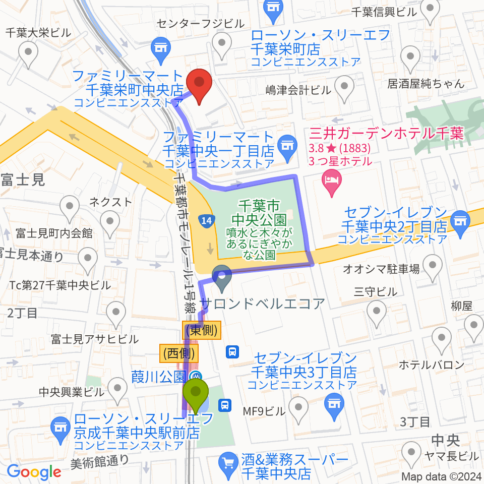 葭川公園駅からスタジオペンタ千葉店へのルートマップ地図