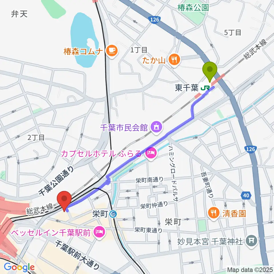 東千葉駅からスタジオペンタ千葉駅前店へのルートマップ地図