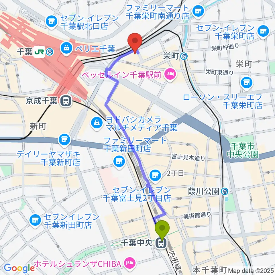 千葉中央駅からスタジオペンタ千葉駅前店へのルートマップ地図