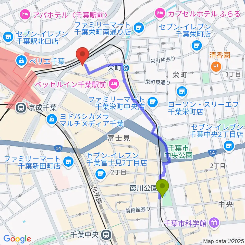 葭川公園駅からスタジオペンタ千葉駅前店へのルートマップ地図