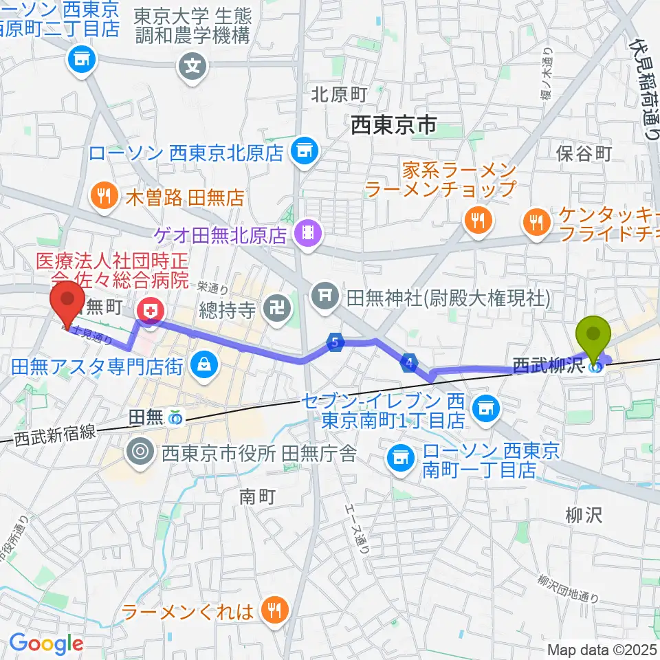 西武柳沢駅からスタジオトライブへのルートマップ地図