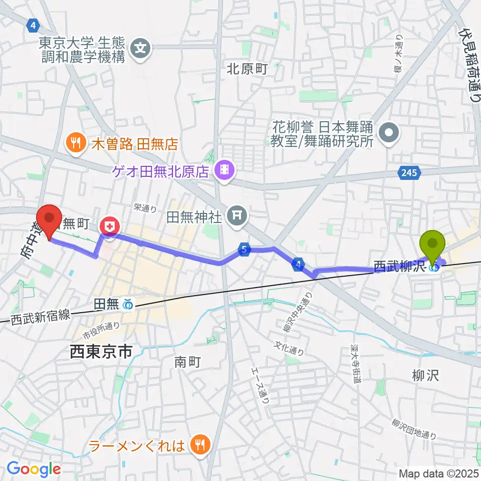 西武柳沢駅からスタジオトライブへのルートマップ地図