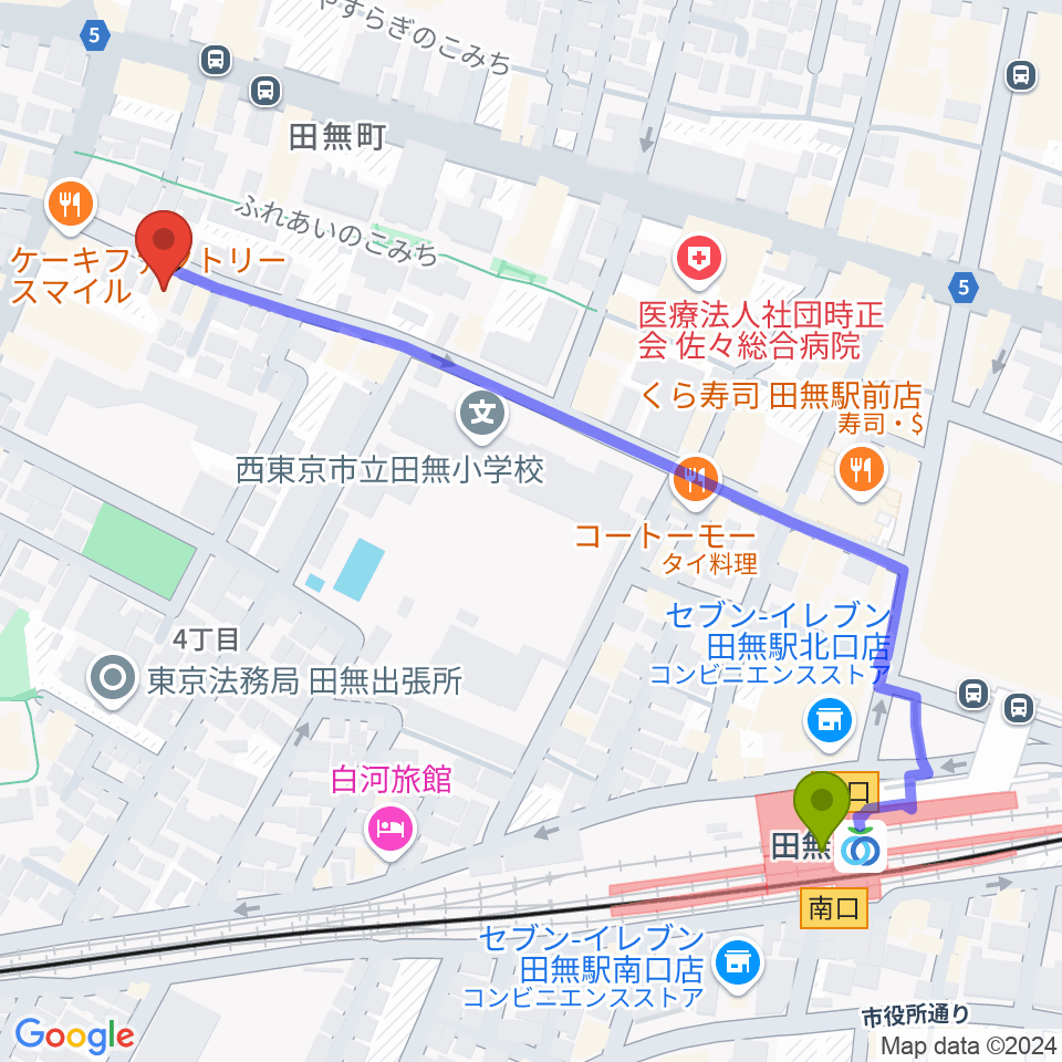 スタジオトライブの最寄駅田無駅からの徒歩ルート（約6分）地図