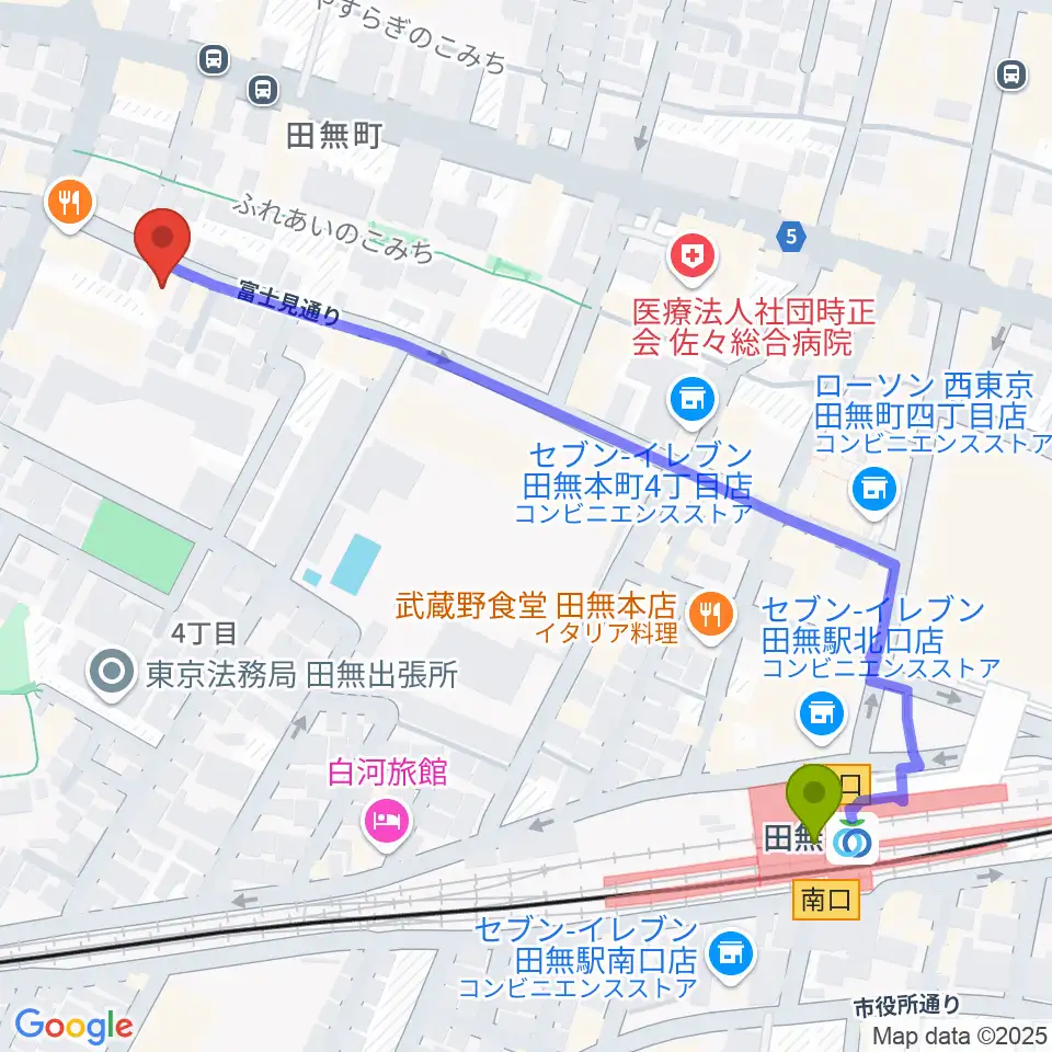 スタジオトライブの最寄駅田無駅からの徒歩ルート（約6分）地図