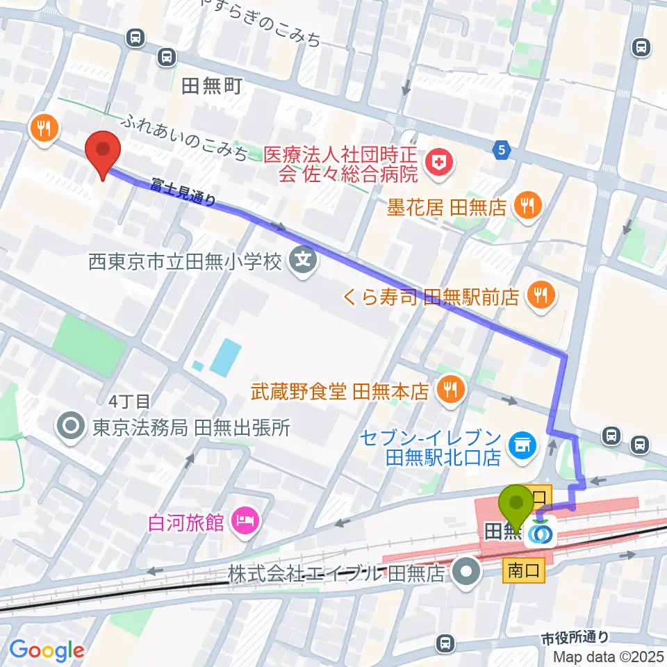 スタジオトライブの最寄駅田無駅からの徒歩ルート（約6分）地図