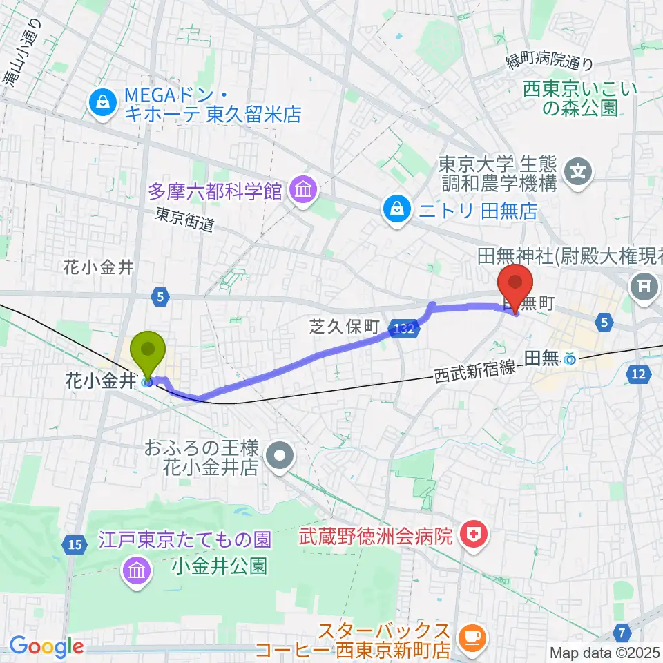 花小金井駅からスタジオトライブへのルートマップ地図