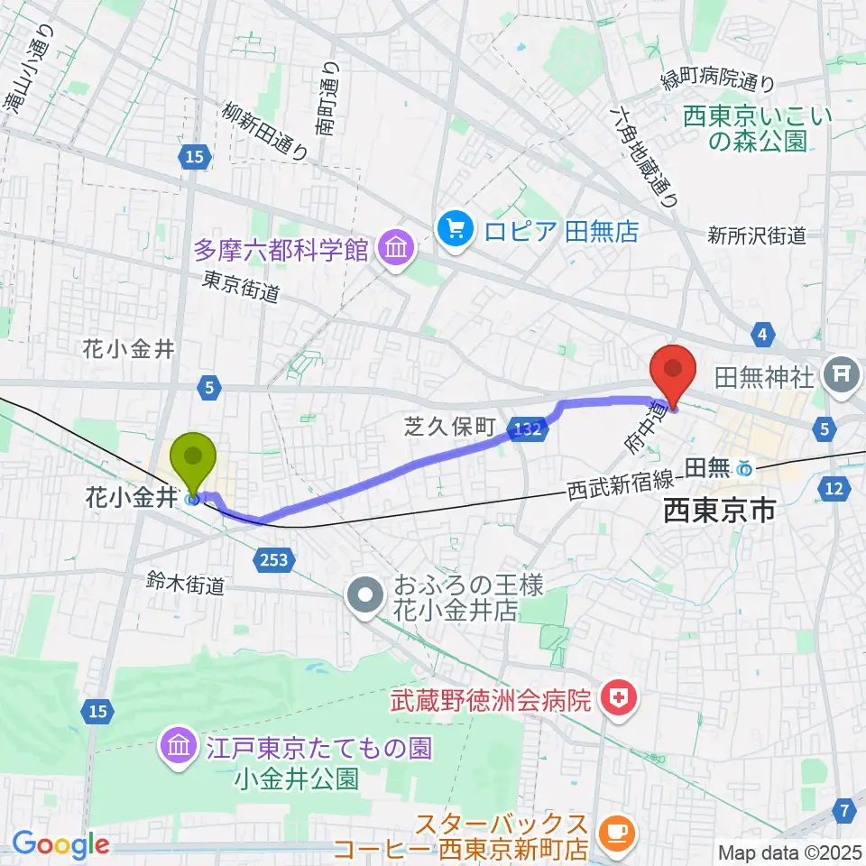 花小金井駅からスタジオトライブへのルートマップ地図