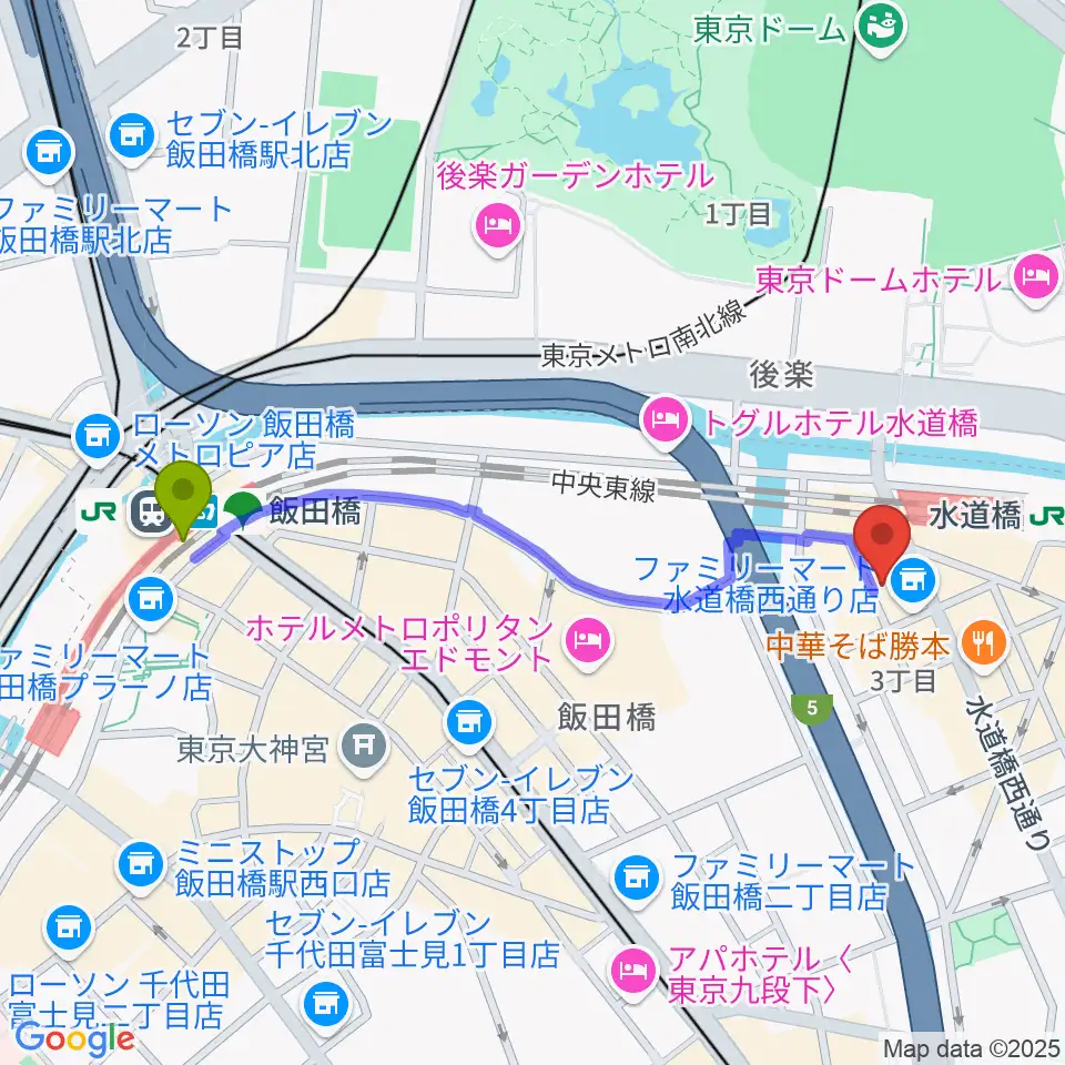 飯田橋駅からスタジオノード水道橋へのルートマップ地図