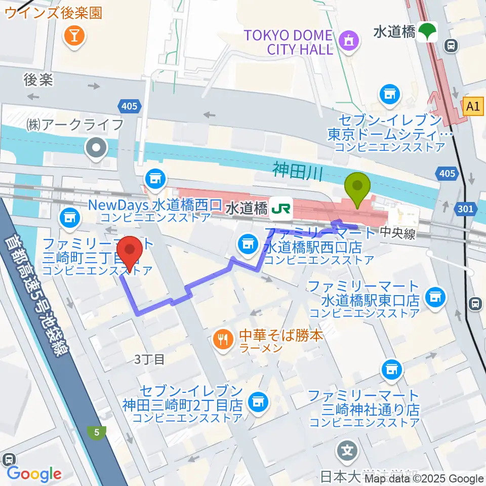 スタジオノード水道橋の最寄駅水道橋駅からの徒歩ルート（約4分）地図