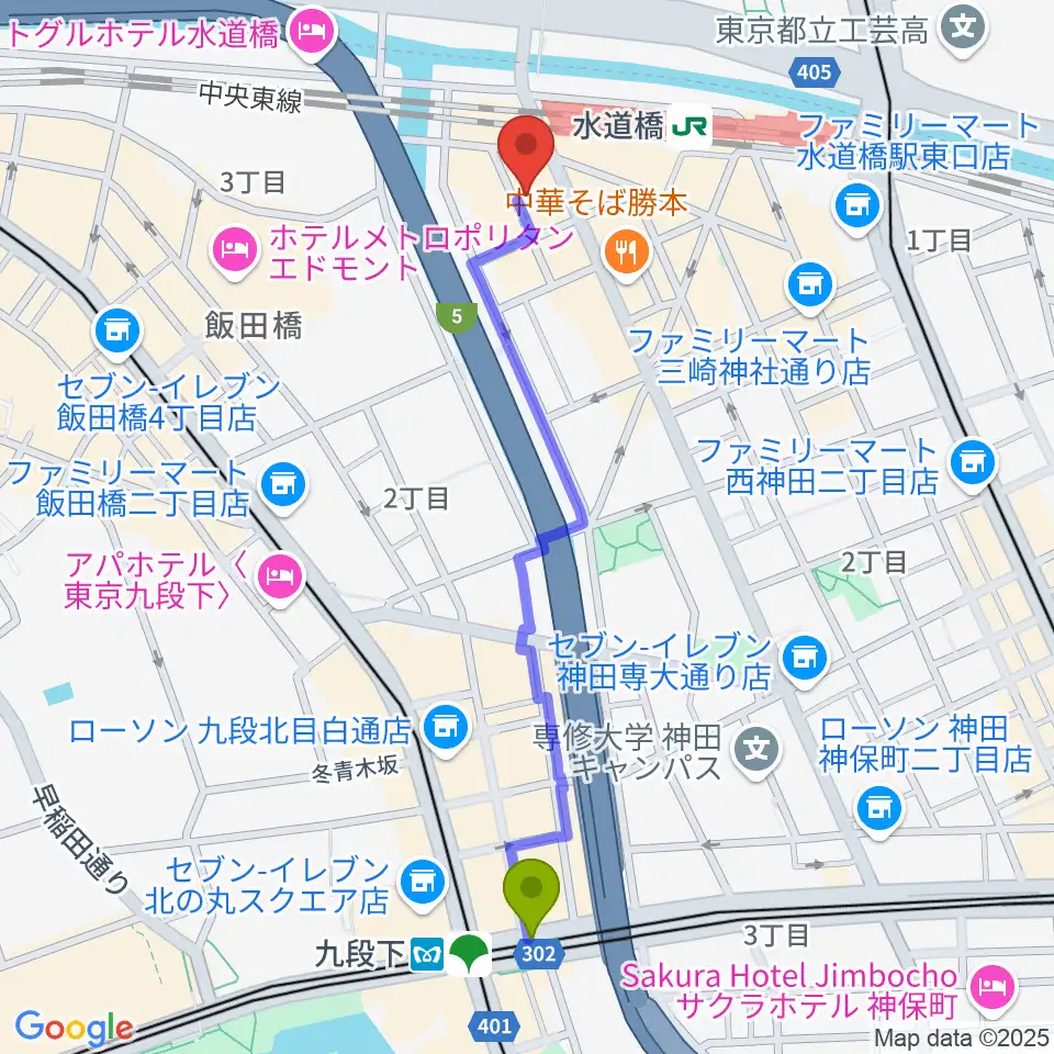 九段下駅からスタジオノード水道橋へのルートマップ地図