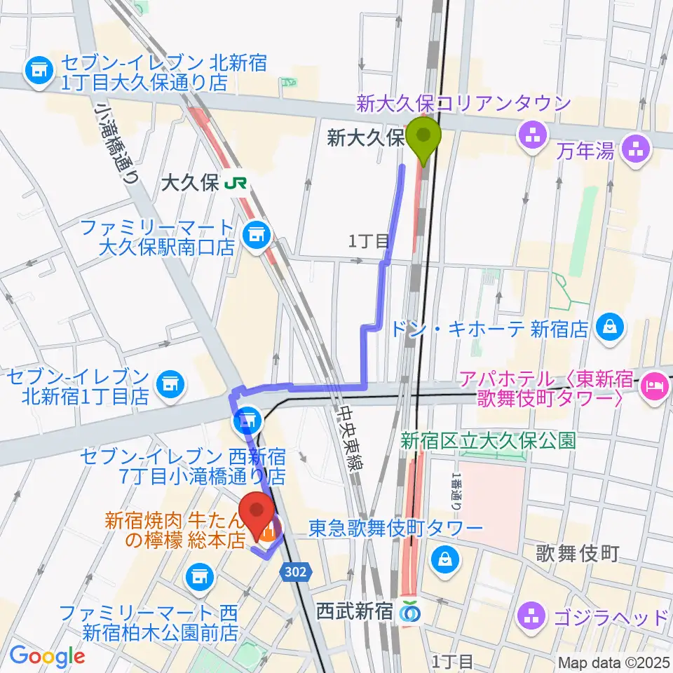 新大久保駅からスタジオノード新宿へのルートマップ地図