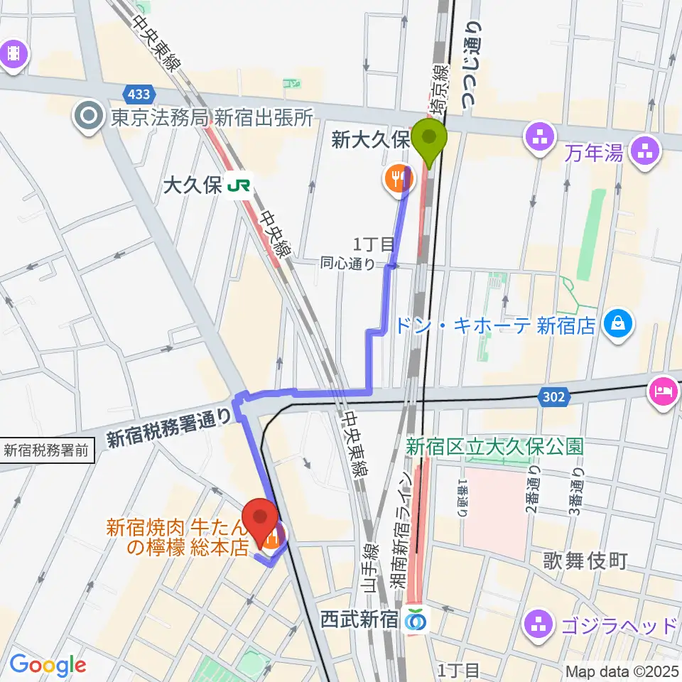 新大久保駅からスタジオノード新宿へのルートマップ地図