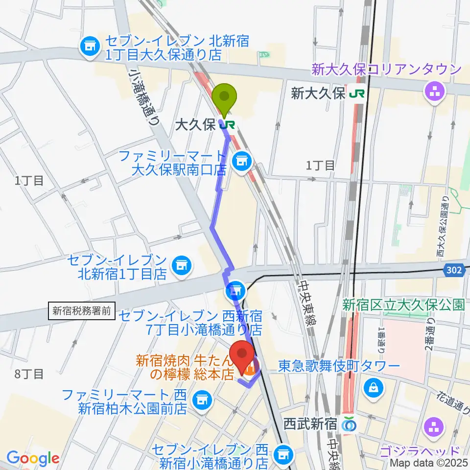 大久保駅からスタジオノード新宿へのルートマップ地図