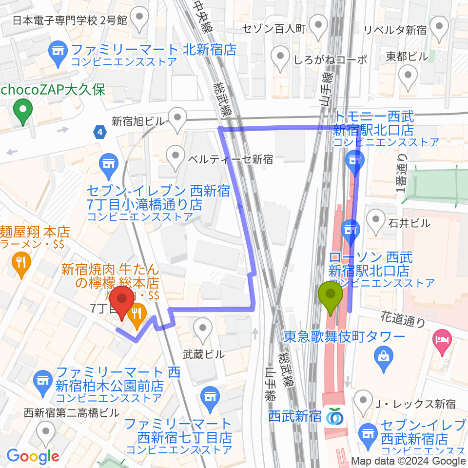 スタジオノード新宿の最寄駅西武新宿駅からの徒歩ルート（約3分）地図