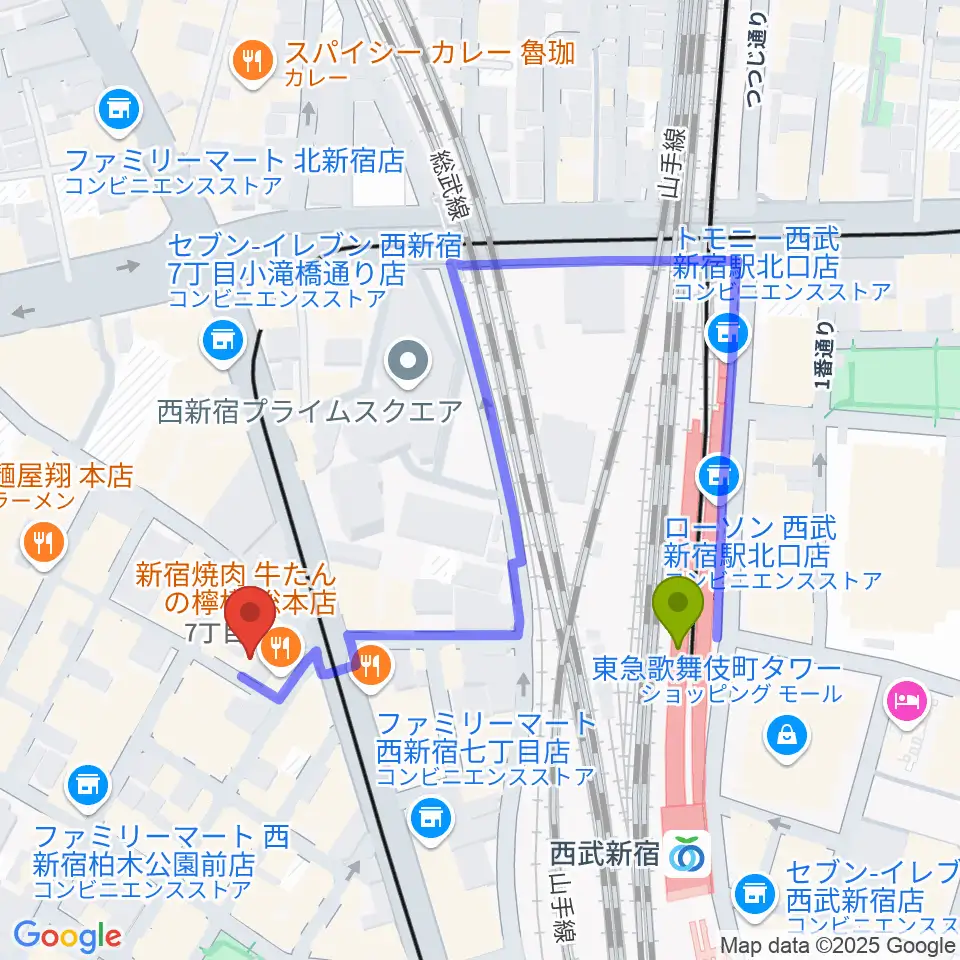 スタジオノード新宿の最寄駅西武新宿駅からの徒歩ルート（約3分）地図