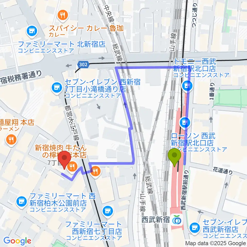 スタジオノード新宿の最寄駅西武新宿駅からの徒歩ルート（約3分）地図