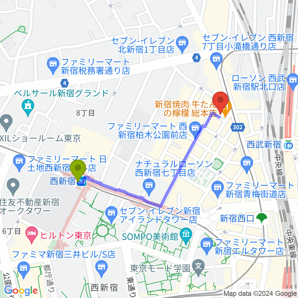 西新宿駅からスタジオノード新宿へのルートマップ地図