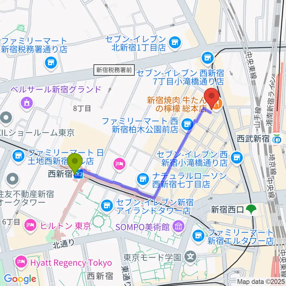 西新宿駅からスタジオノード新宿へのルートマップ地図