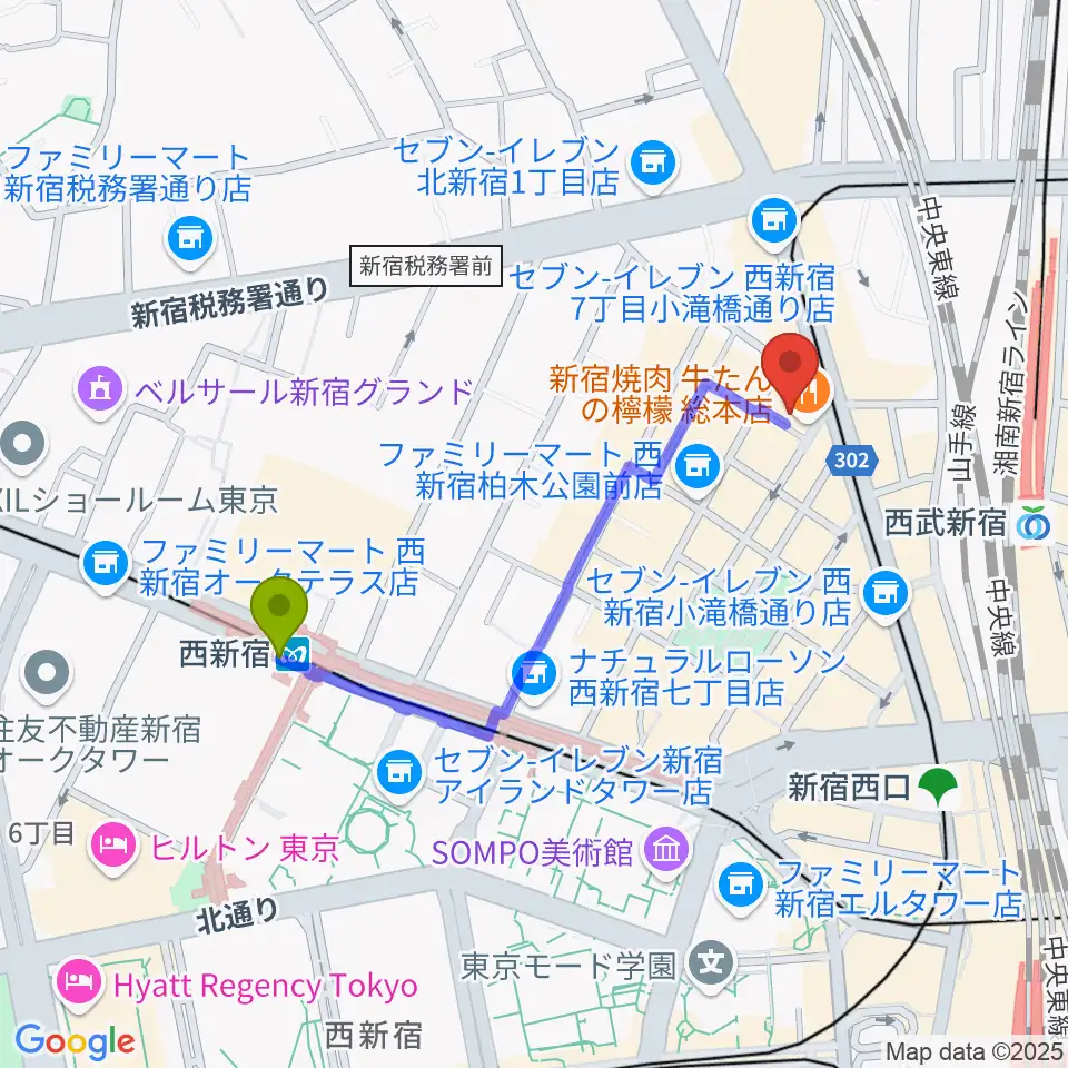 西新宿駅からスタジオノード新宿へのルートマップ地図