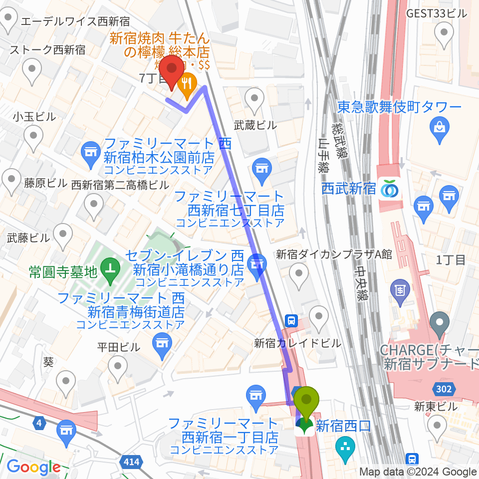 新宿西口駅からスタジオノード新宿へのルートマップ地図