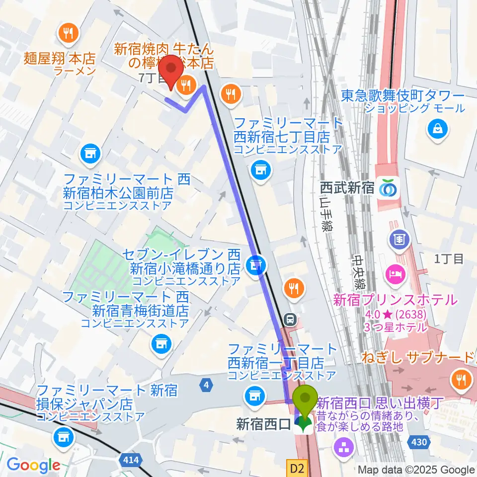 新宿西口駅からスタジオノード新宿へのルートマップ地図