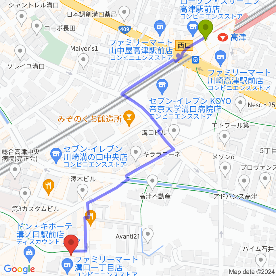 高津駅からスタジオノード溝の口店へのルートマップ地図