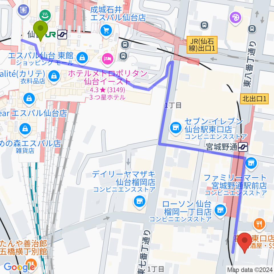 仙台駅から仙台スクールオブミュージック＆ダンス専門学校へのルートマップ地図