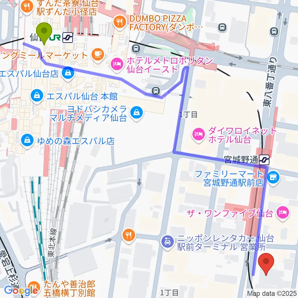 仙台駅から仙台スクールオブミュージック＆ダンス専門学校へのルートマップ地図