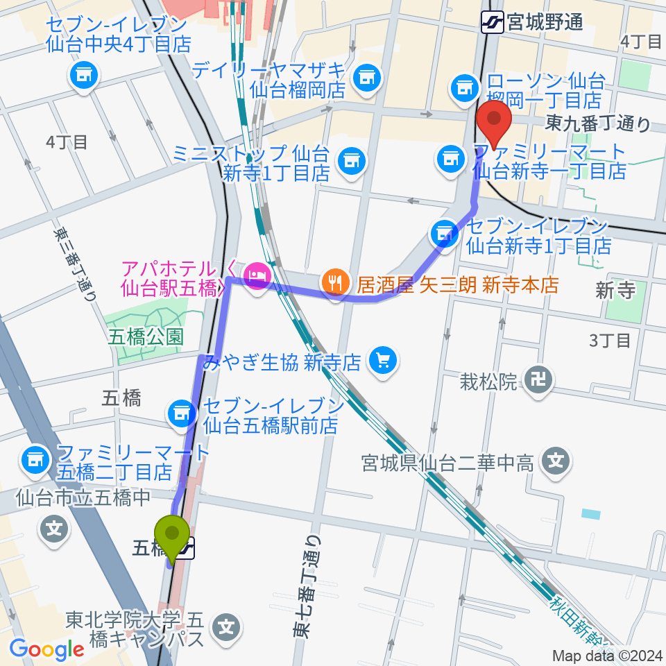 五橋駅から仙台スクールオブミュージック＆ダンス専門学校へのルートマップ地図