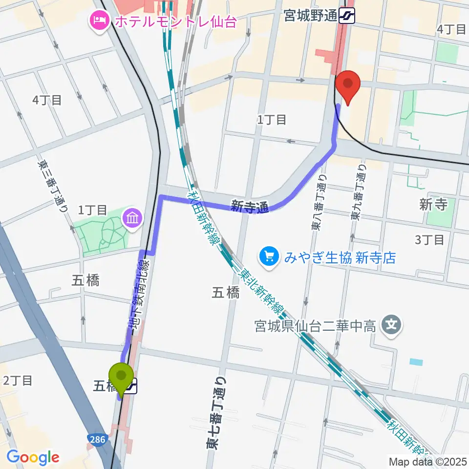 五橋駅から仙台スクールオブミュージック＆ダンス専門学校へのルートマップ地図