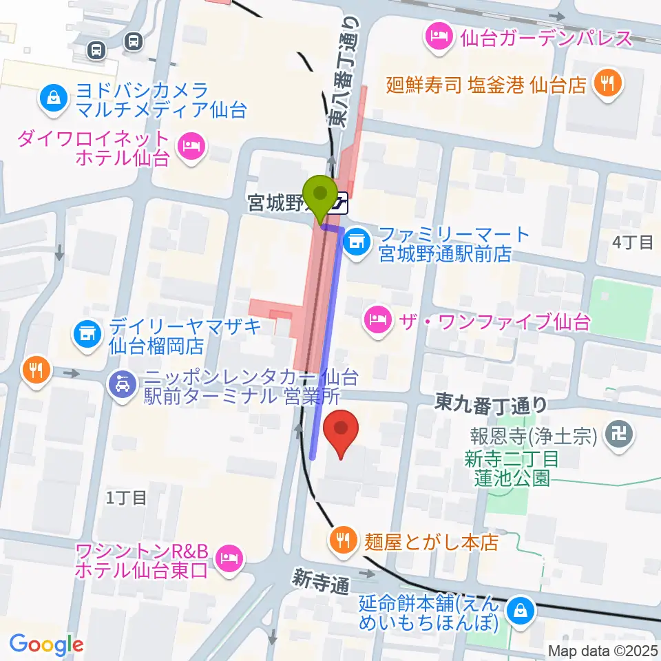 仙台スクールオブミュージック＆ダンス専門学校の最寄駅宮城野通駅からの徒歩ルート（約3分）地図