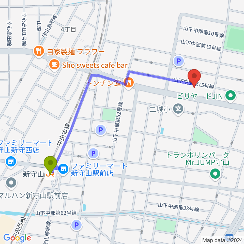 新守山駅からスタジオスプラッシュへのルートマップ地図