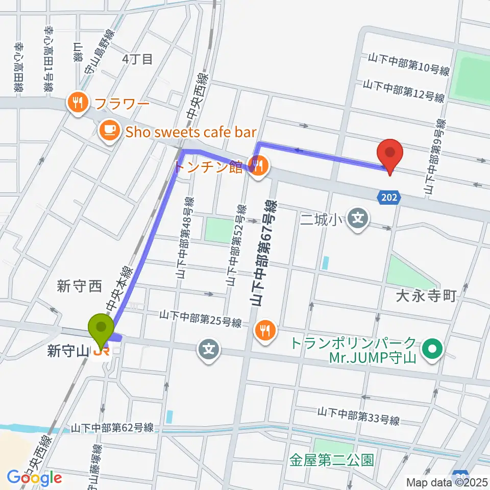 新守山駅からスタジオスプラッシュへのルートマップ地図