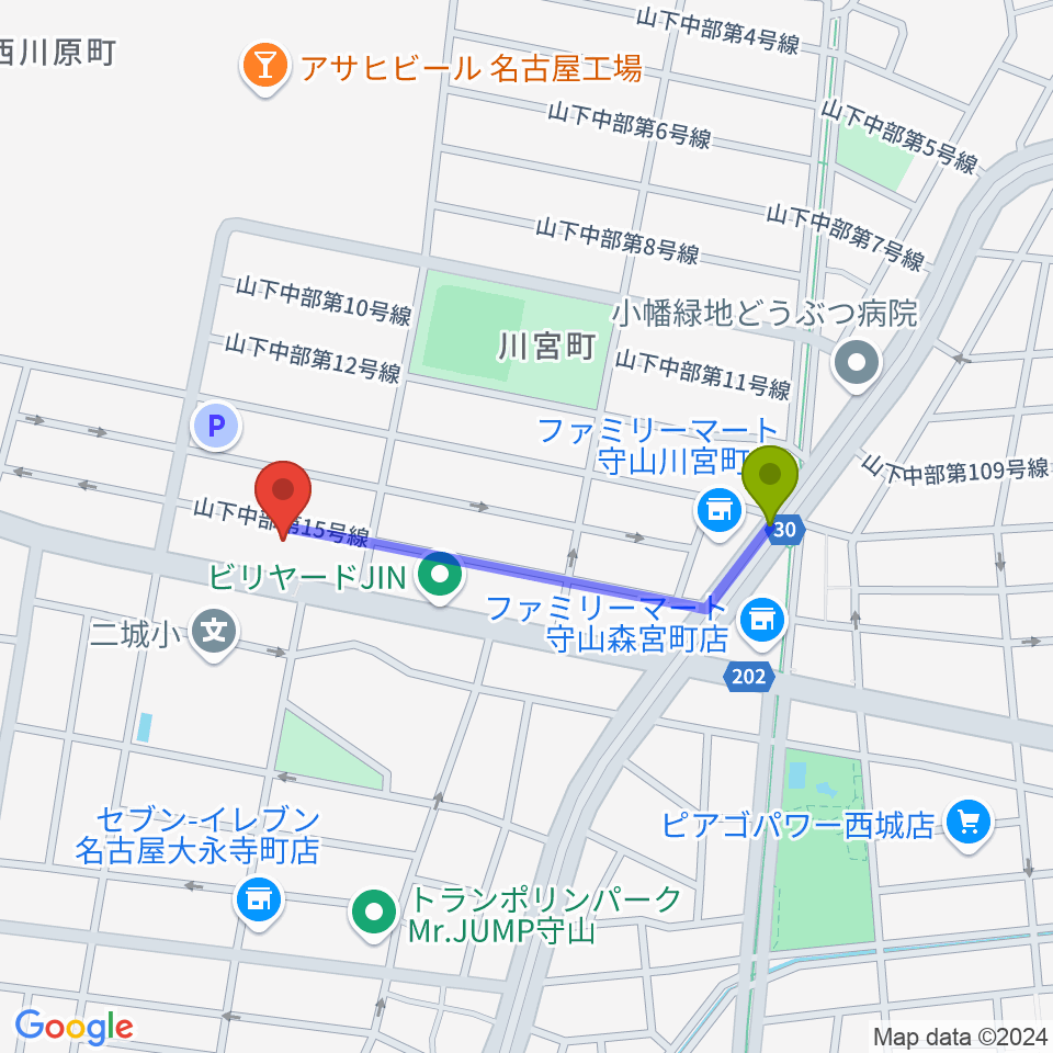 スタジオスプラッシュの最寄駅川宮駅からの徒歩ルート（約7分）地図