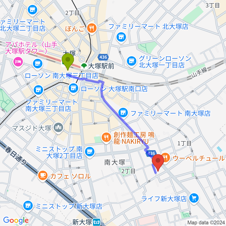 大塚駅からビーツパラダイスへのルートマップ地図