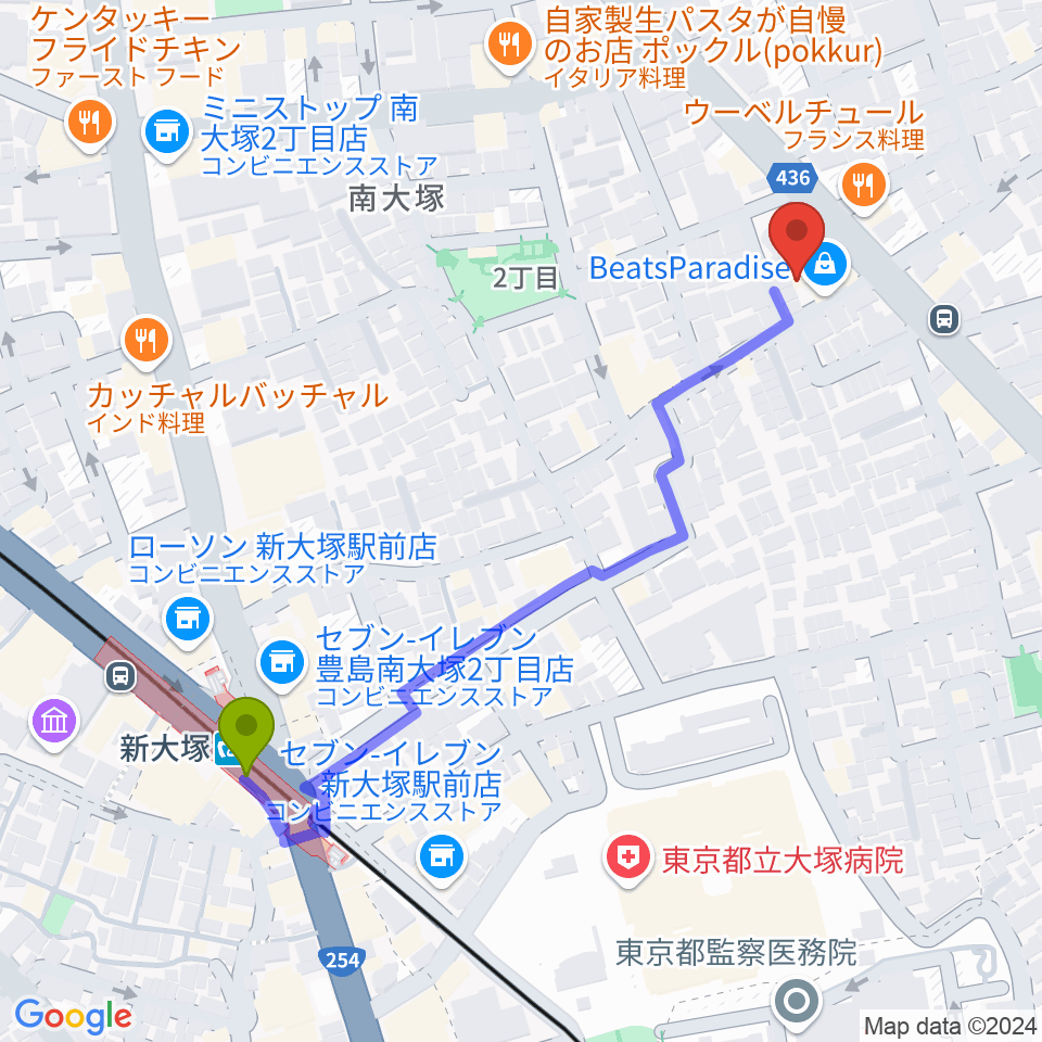 ビーツパラダイスの最寄駅新大塚駅からの徒歩ルート（約6分）地図